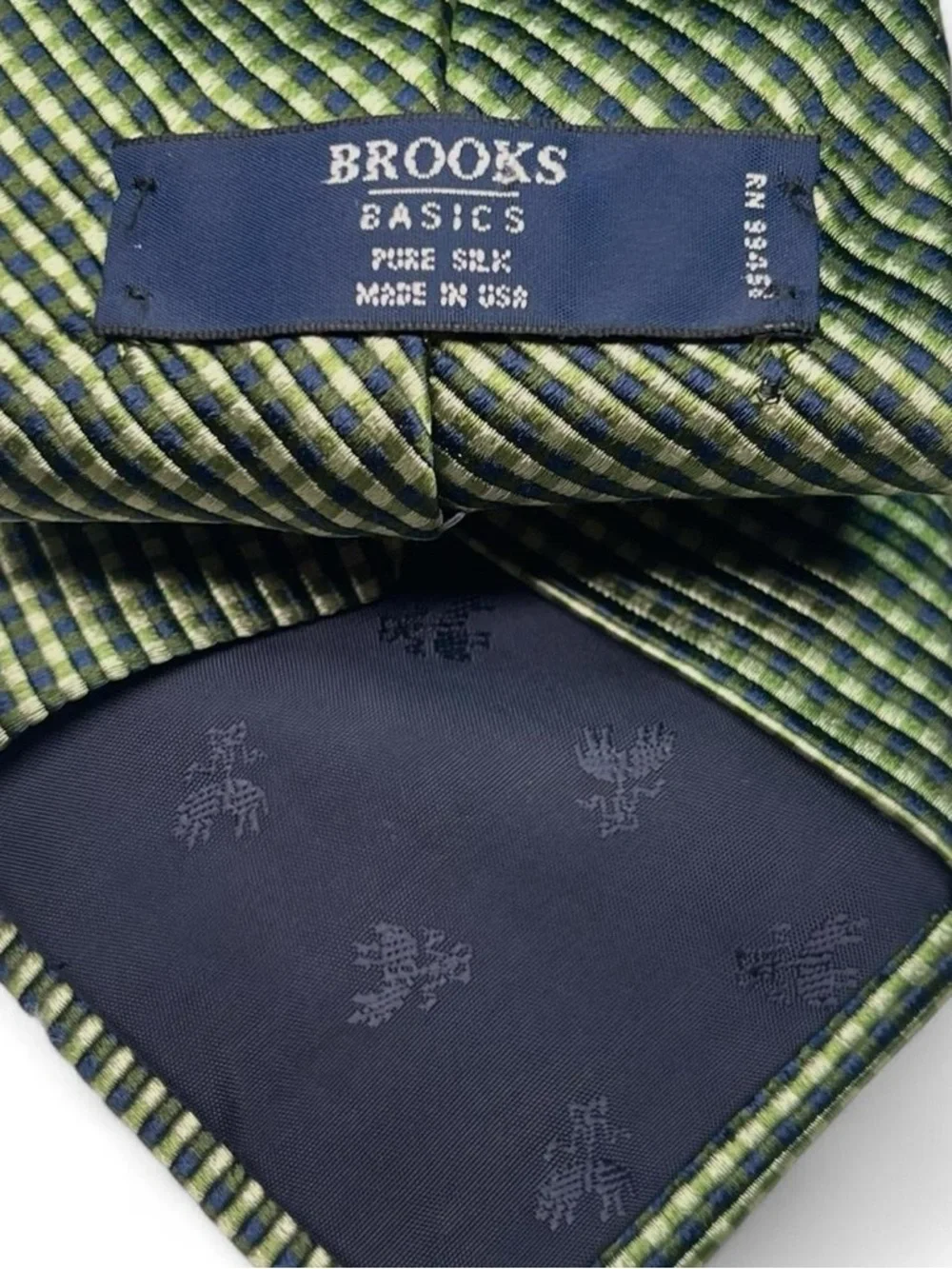 Brooks Brothers SILK Preppy Navy Green Gold Check Tie Made in USA 58” EUC